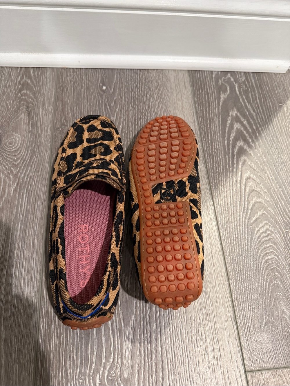 Rothy's Leopard Print Knit Penny Loafers in Tan, Black with Pink Lining - Picture 4 of 5